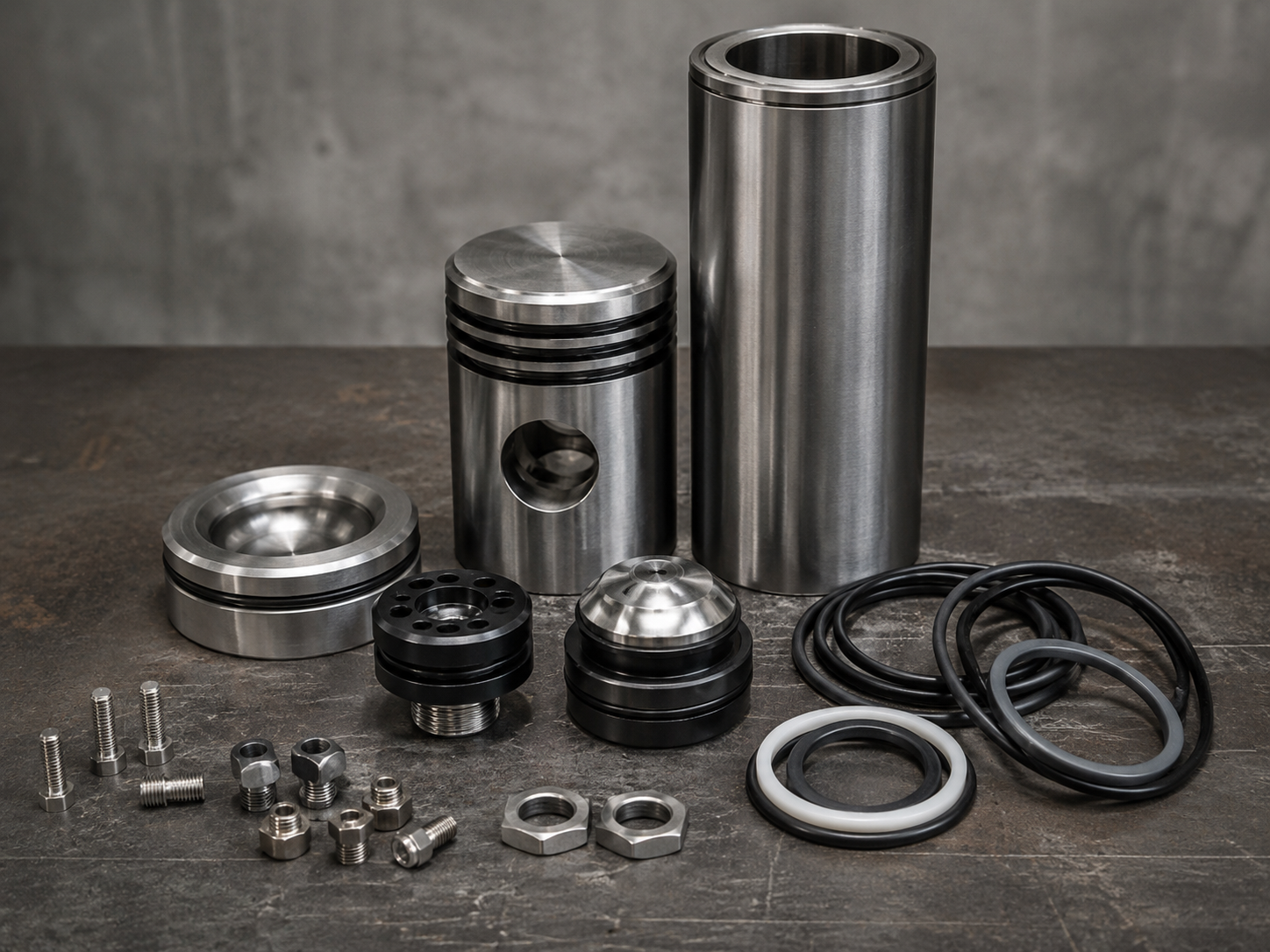 Mud pump spare parts and metal drilling components arranged on a workbench