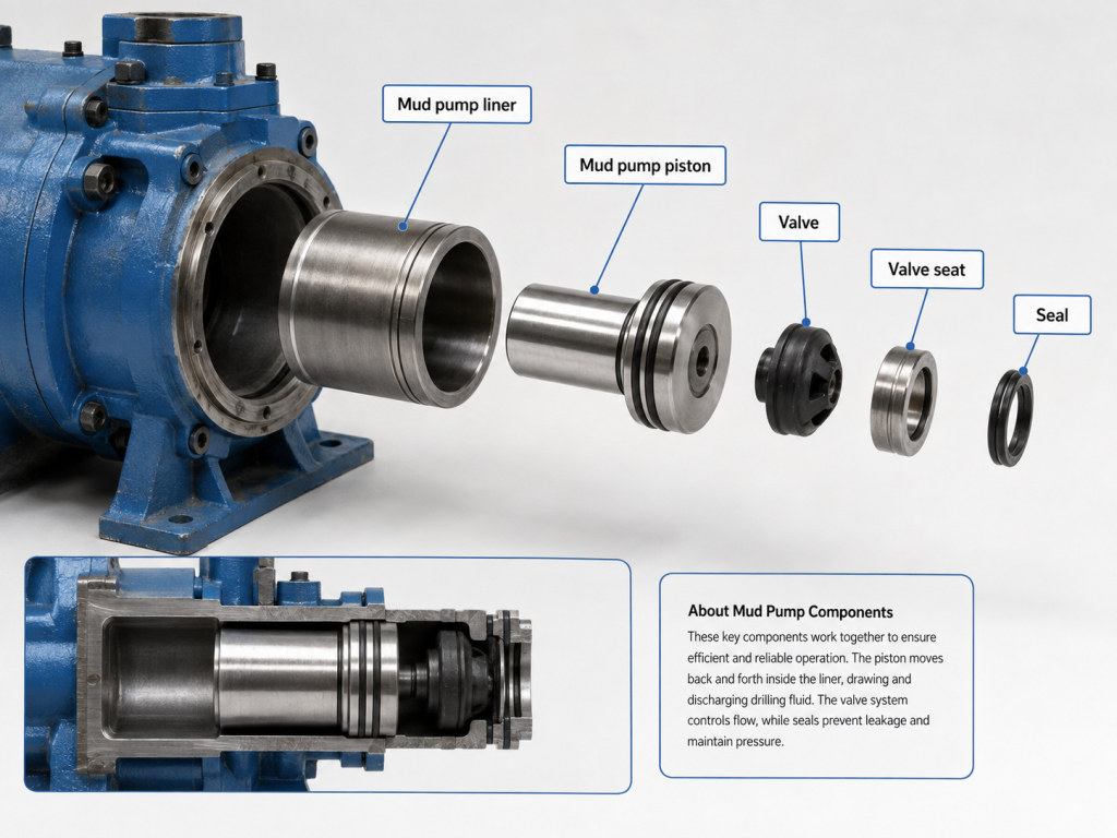 Exploded diagram showing common mud pump parts and spare components for drilling rigs